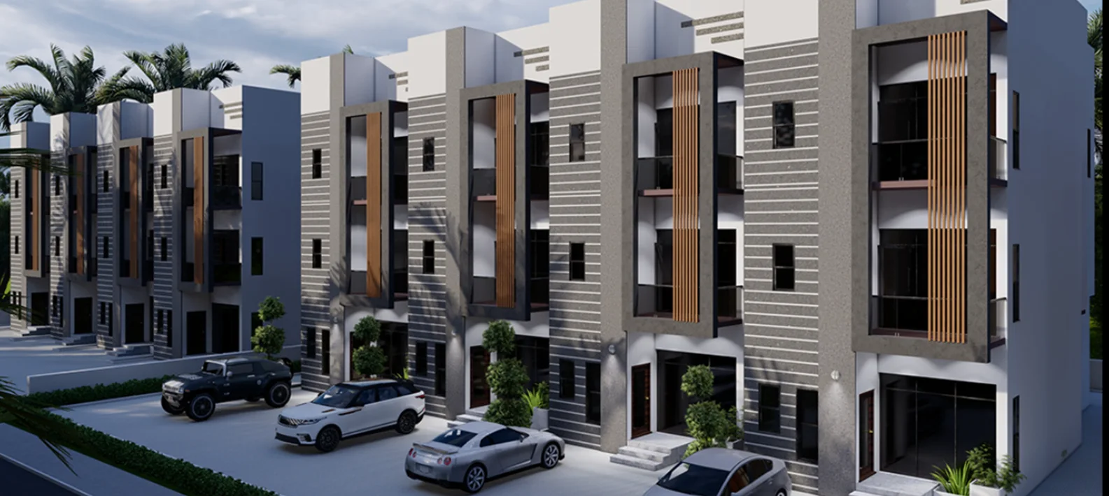 Sawasdee Seven render – low-rise independent floor buildings with cars parked in front